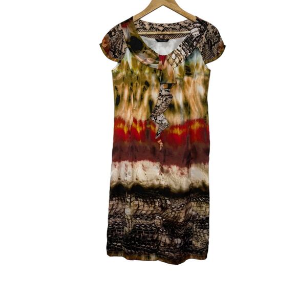 Cara Lotti Silk Sheath Dress Size 8 Brown Rust Yellow Cap Sleeves Scoop Neck - Picture 7 of 7